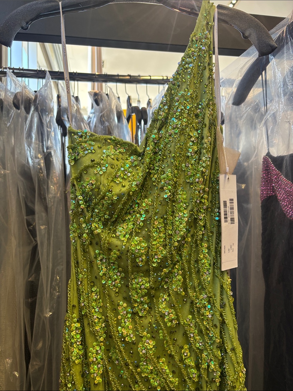 Jovani 06346 Lime Sequin Draped Evening Gown with Slit